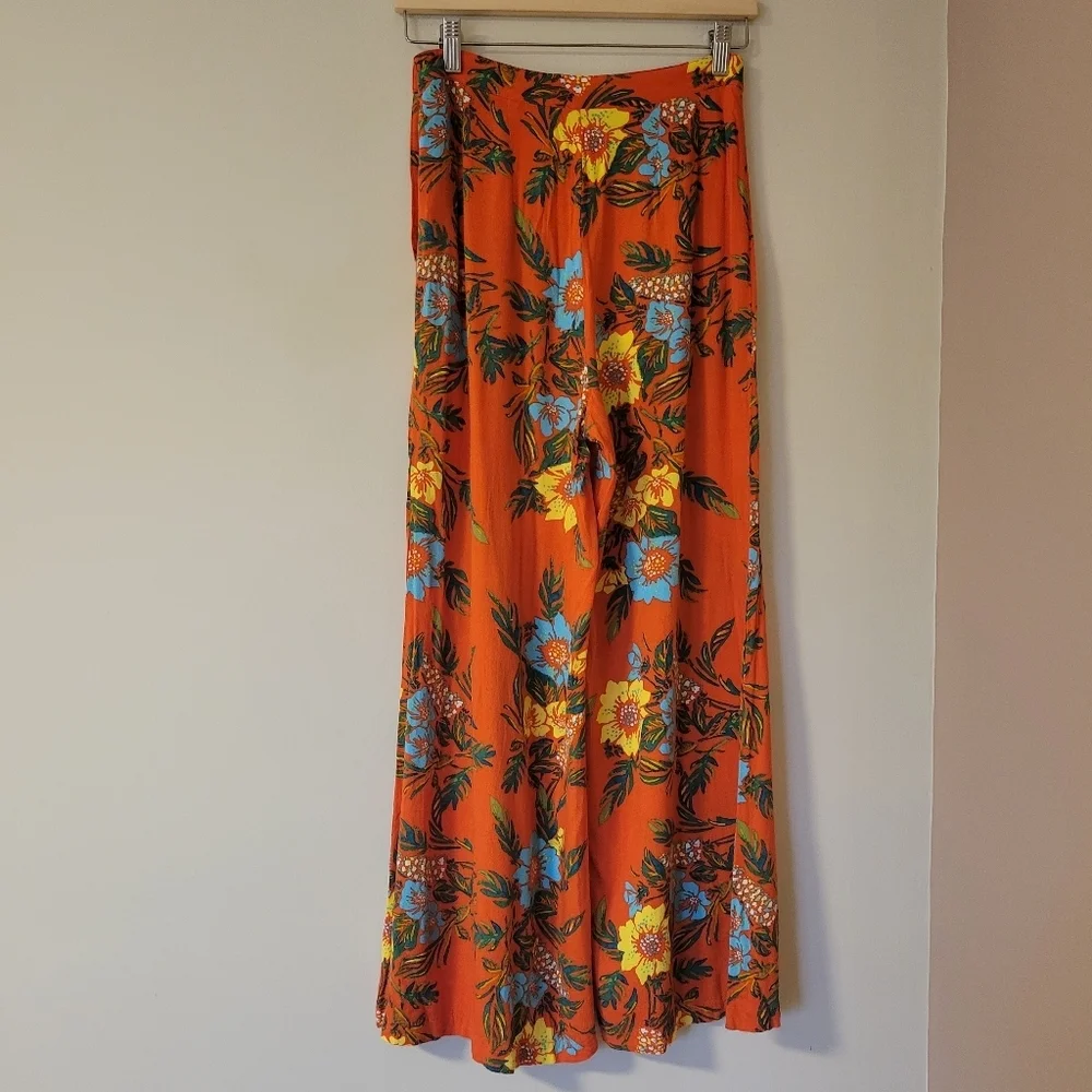 Free People Blue Horizon Wide Leg Flowy Tropical Boho Orange Floral Pants Size 4 - Picture 3 of 9